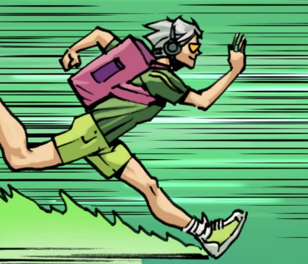 Tommy running with headphones on, and a pink food delivery backpack.