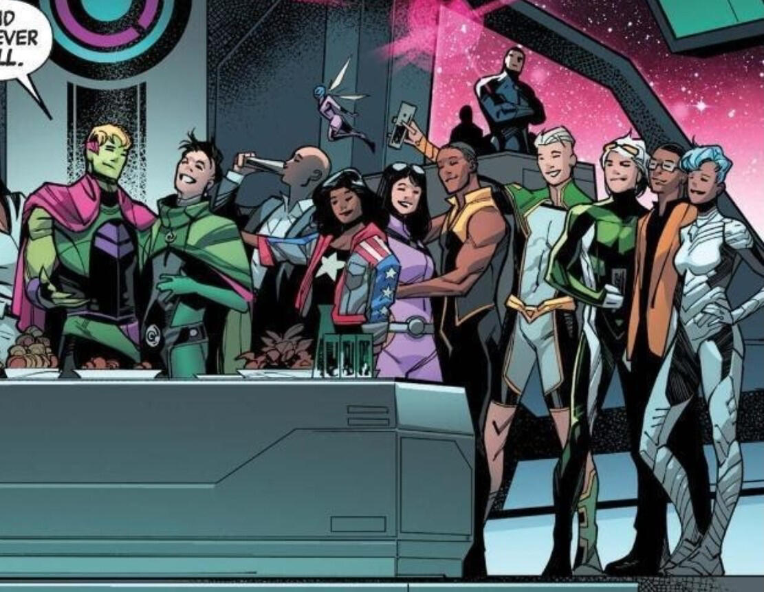 The Young Avengers and their friends at Billy and Teddy's wedding.
